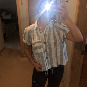 Free People Blue and White Button Up Collared Shir